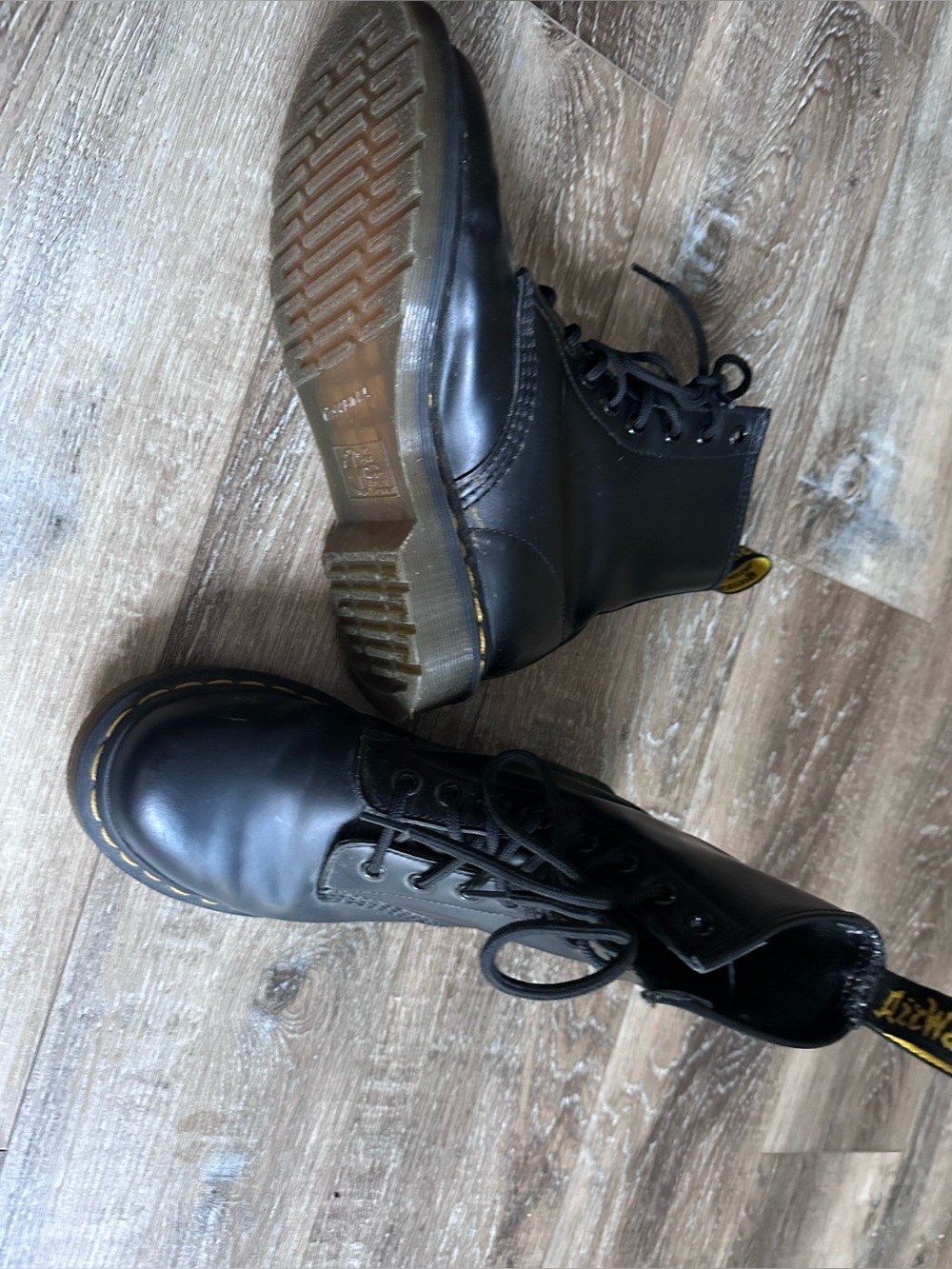 Dr. Martens Black Leather Lace-Up Boots with Yellow Stitching